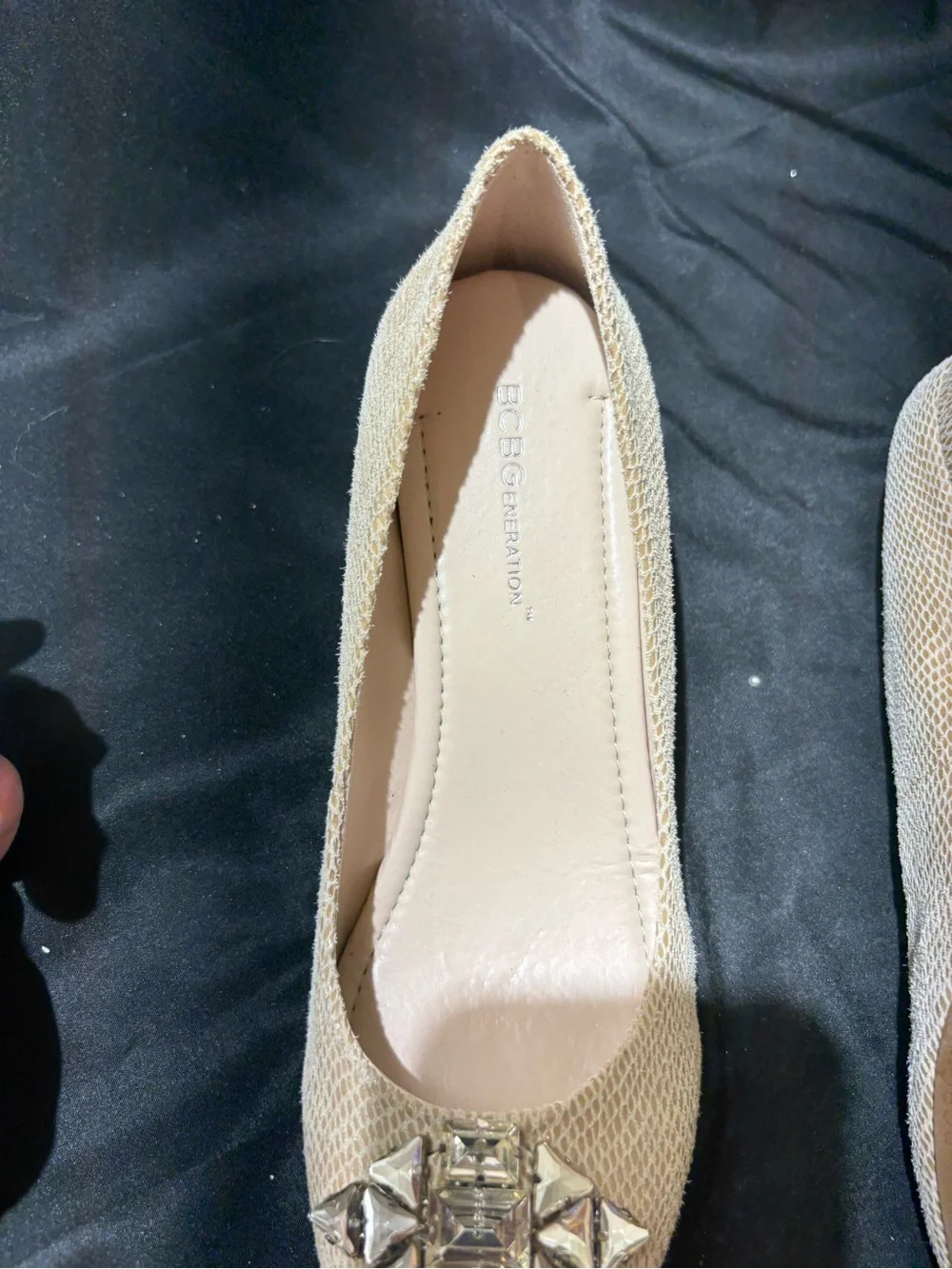 BCBGeneration Beige Jewel-Toe Wedge Pumps